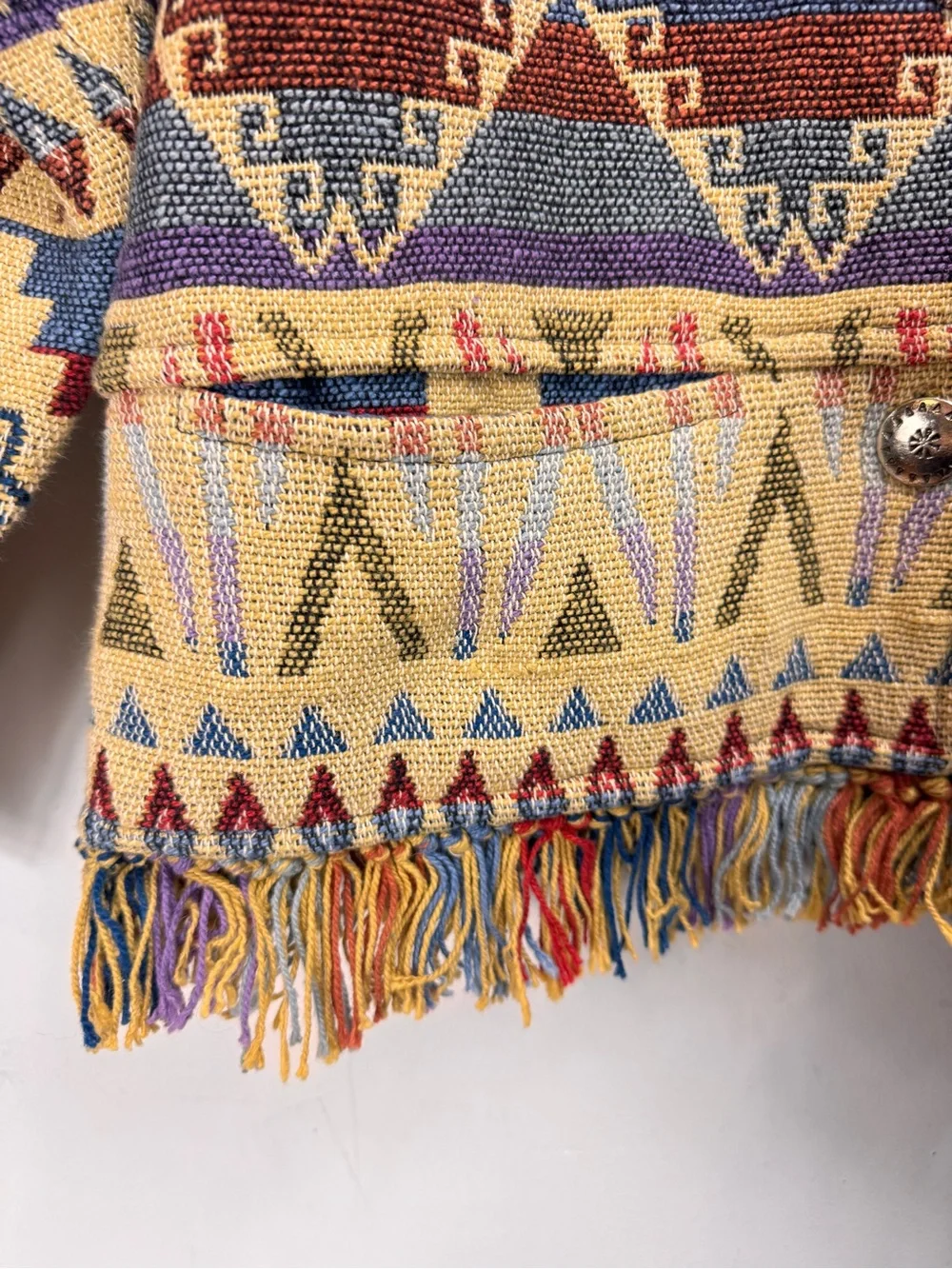 Aztec Southwestern Size Medium Tapestry Jacket Silver Metal Buttons Fringe Hem